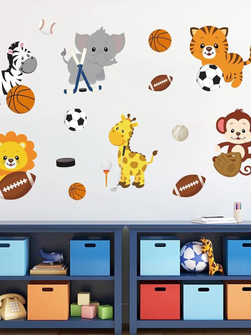 Cartoon Animal Sport Wall Decals - Sports Balls, Jungle Monkey Lion Giraffe DIY